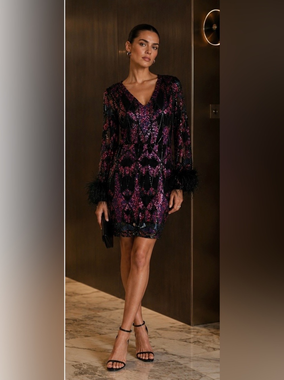Metallic Sequin Mini Dress with Feather Accents